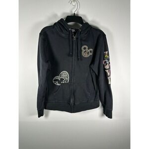 Disneyland Hoodie Womens L Black Zip Up Mickey Peace Sign Hearts LOVE Sleeve